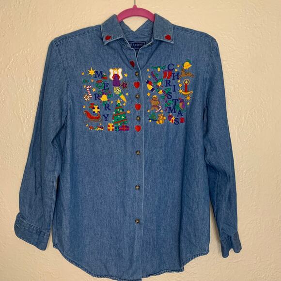 Karen Scott Christmas Embroidered Button Down Denim Chambray Size Petite Small - Picture 1 of 7